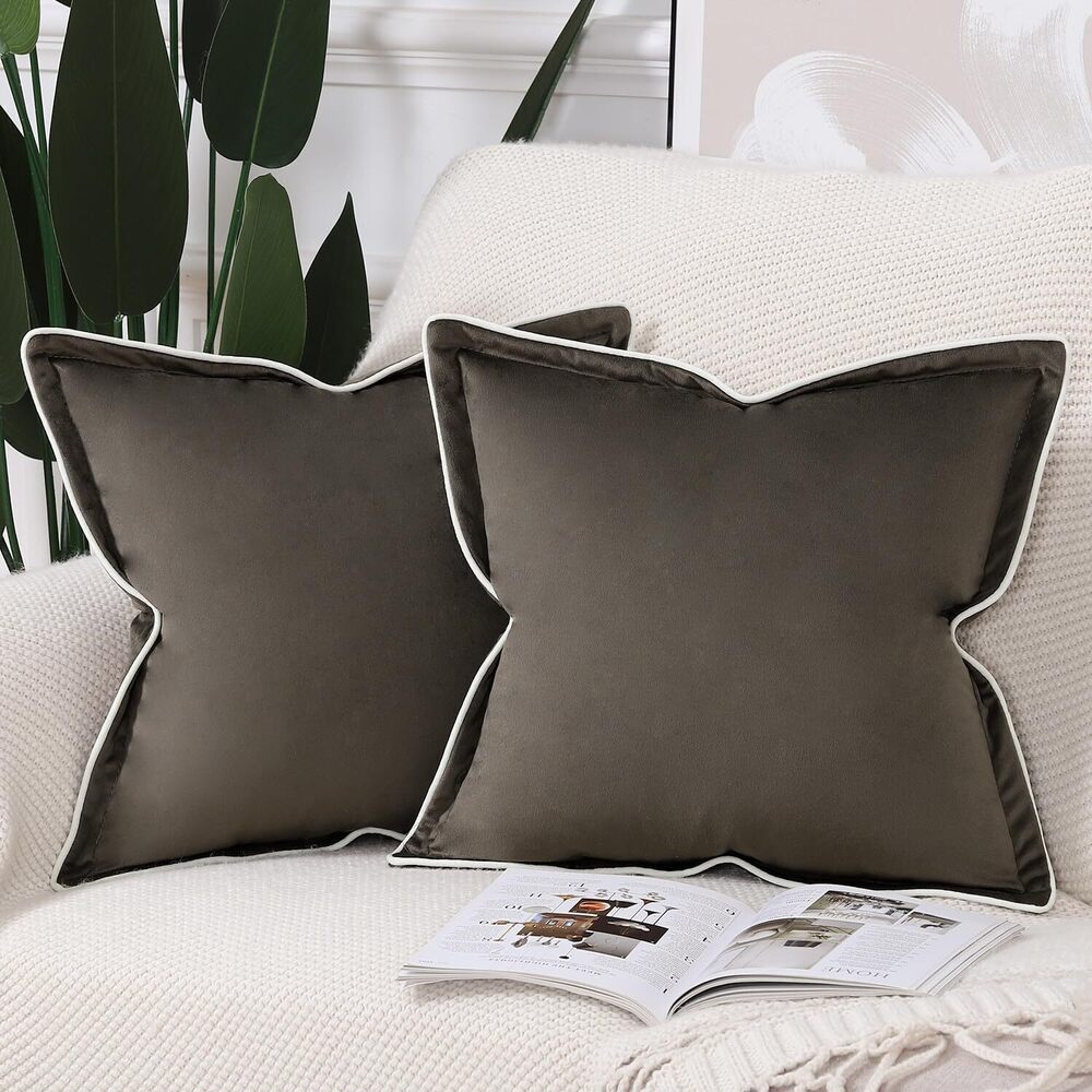 5430 Set of 2 Velvet Fringed Throw Pillow Covers 20x20 Inch Dark Taupe Soft